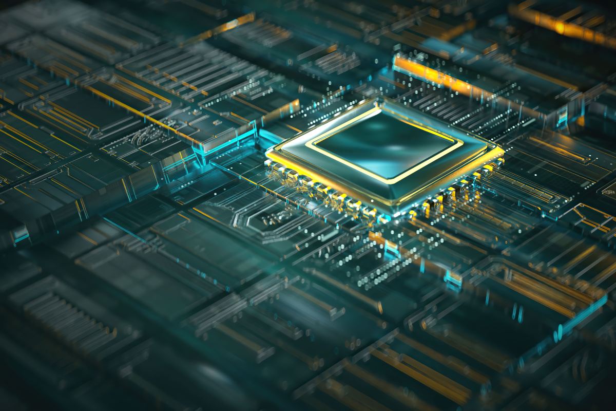 The picture shows a computer chip processor on a motherboard.