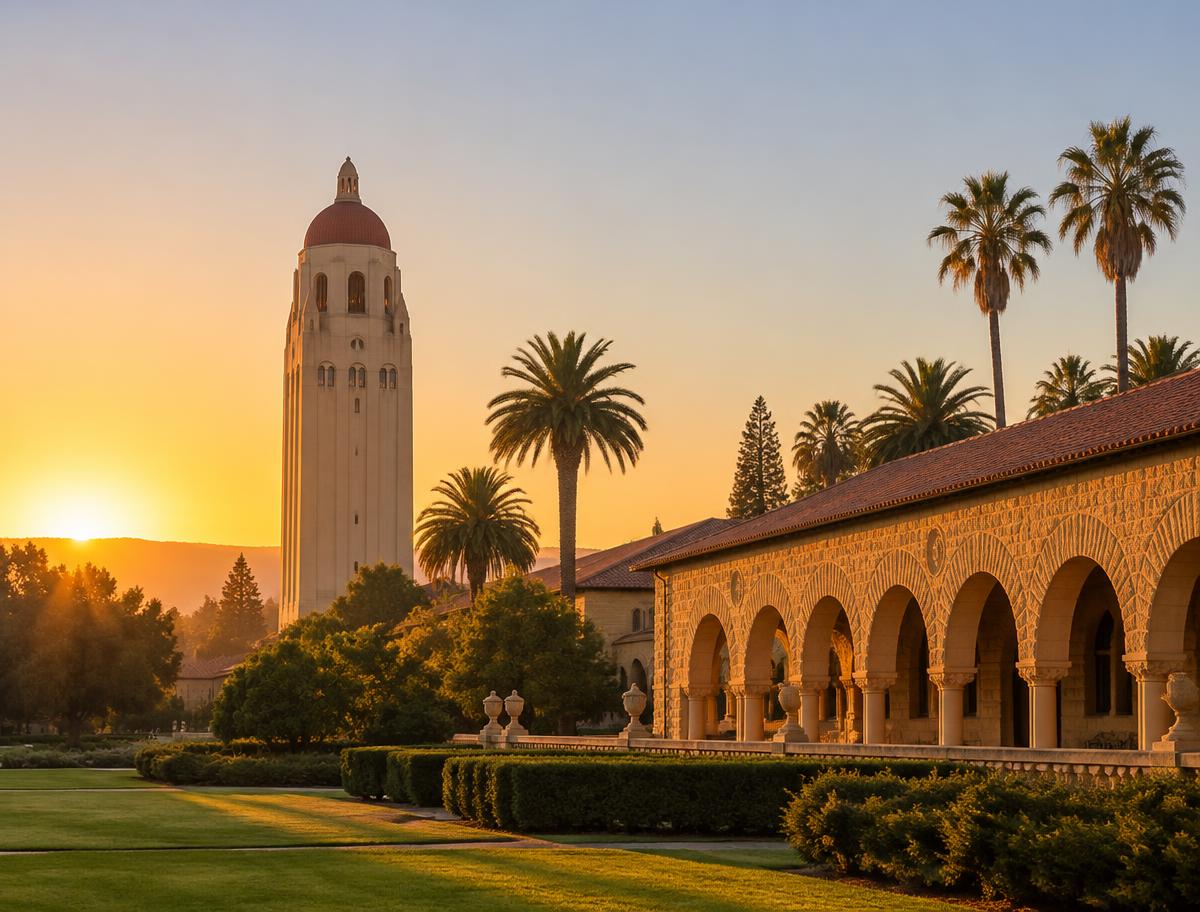 Hoover Tower and the Main Quad at Stanford University at sunset