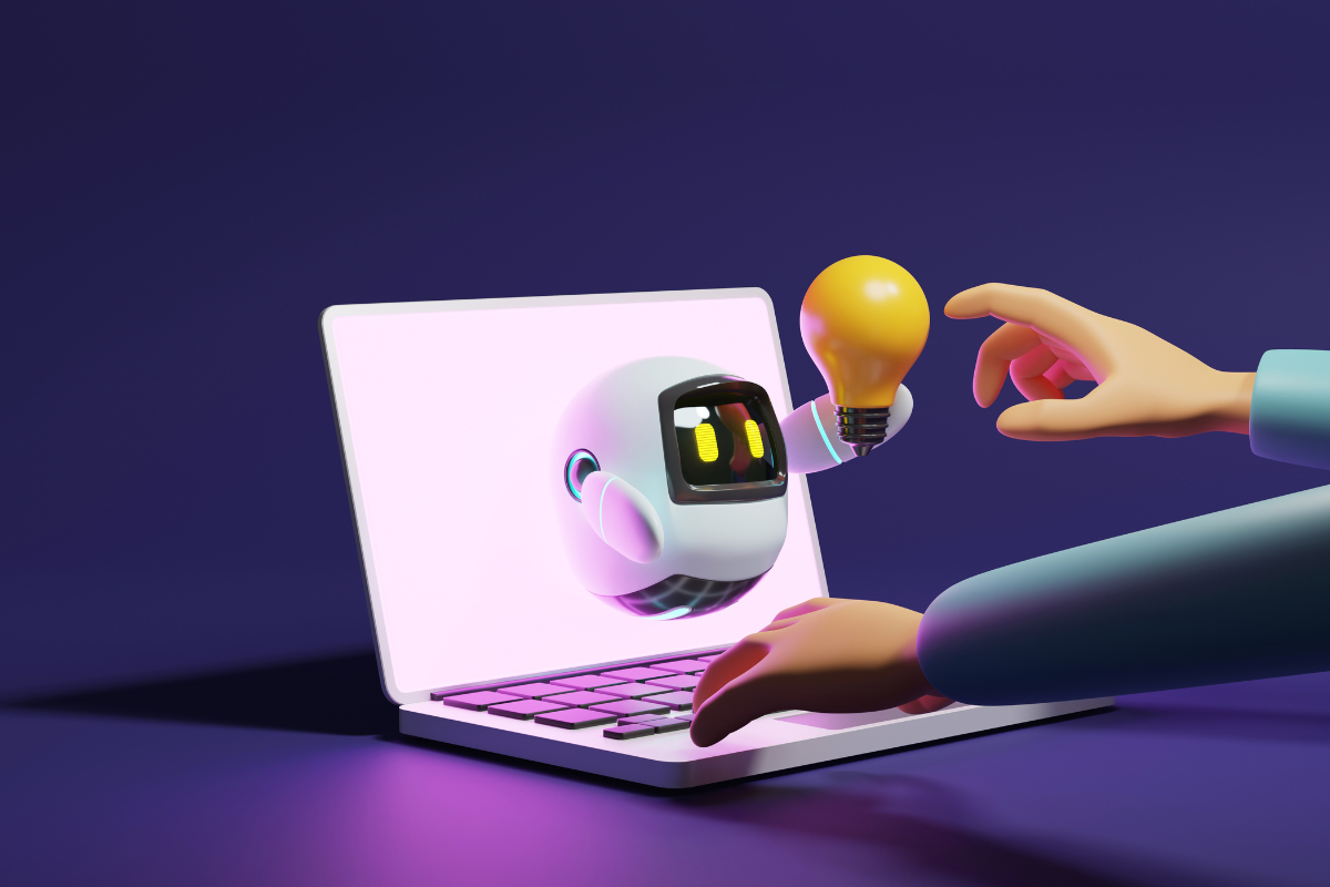 The user's hand touching the robot light bulb.