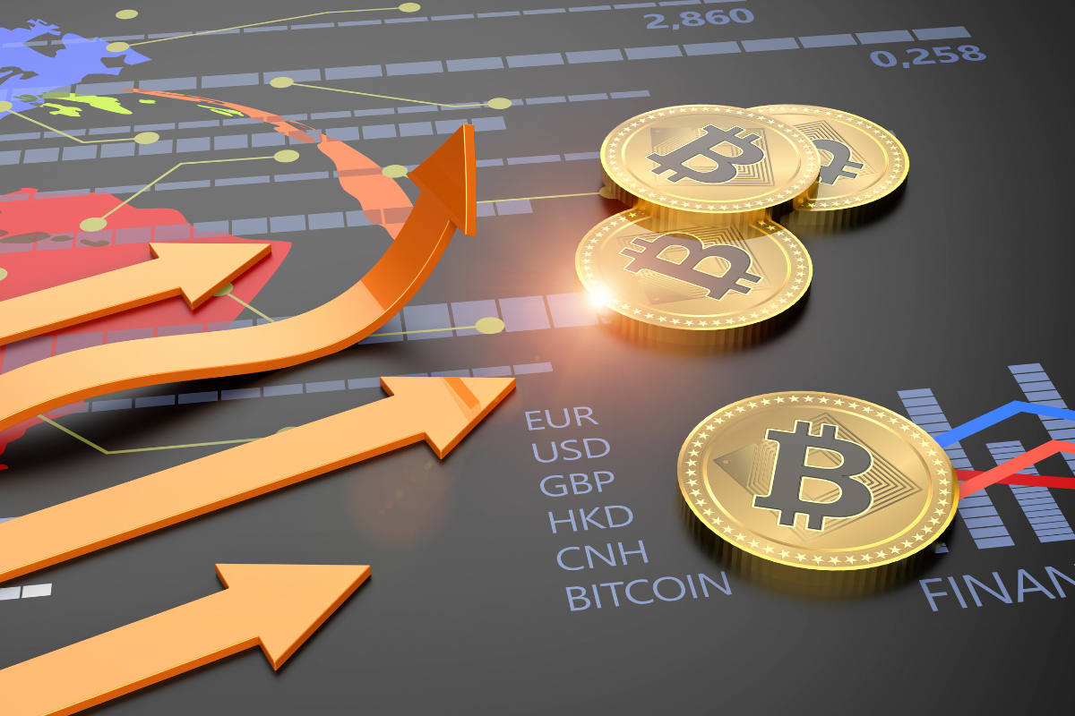 The image shows the cryptocurrency Bitcoin and the financial banking market.