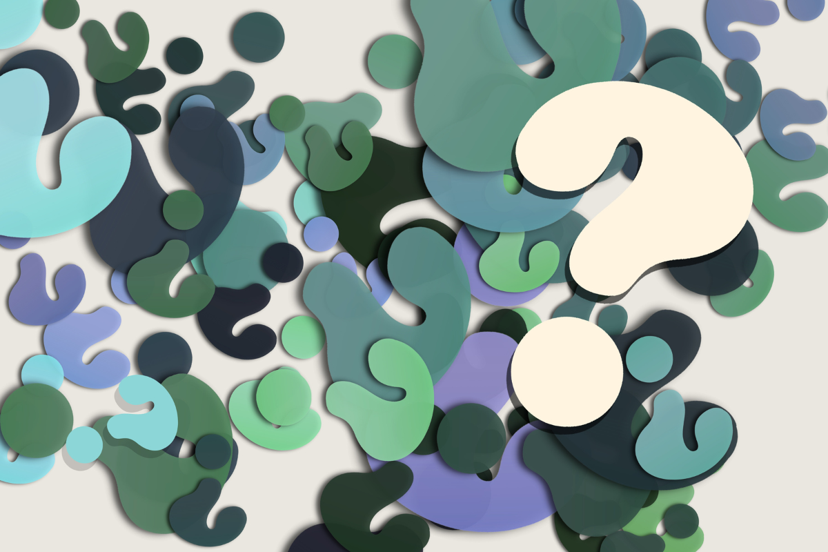 The image shows a series of question marks, representing that with a startup idea, we begin with the problem, not the solution.
