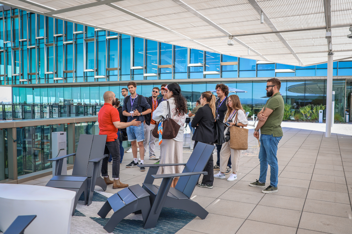 Pictured are ABC Silicon Valley 2025 attendees during a tour of NetApp HQ.