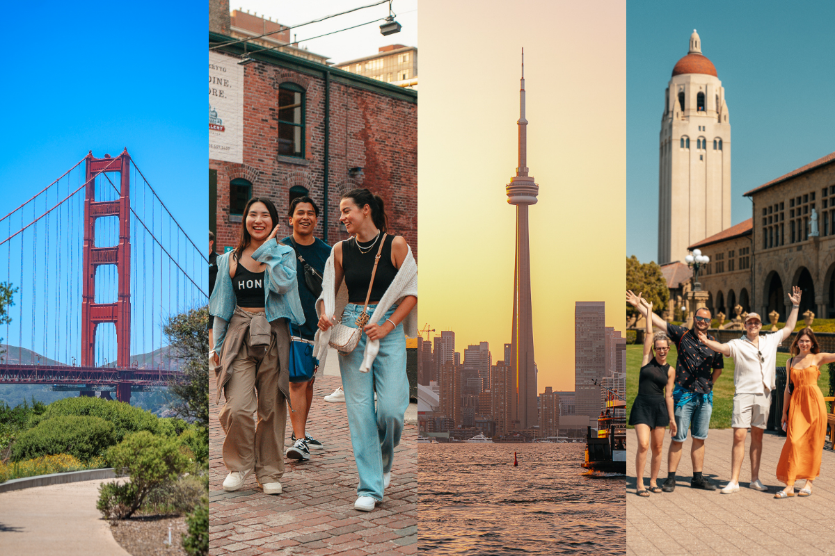Four separate photos: the first shows the Golden Gate Bridge, the second shows two women and one man walking, the third shows a view of the CN Tower from Toronto Islands, and the fourth shows two men and two women with Hoover Tower at Stanford in the background.