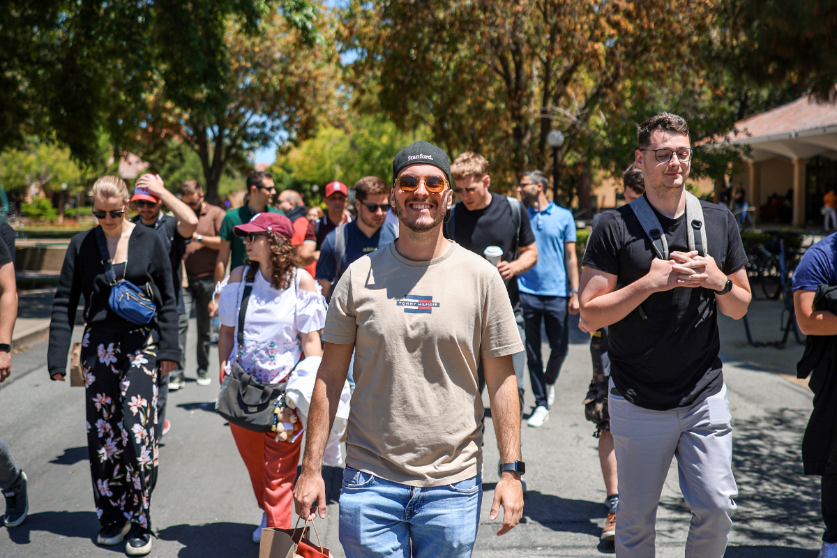 The picture shows ABC Silicon Valley participants leaving the Stanford campus, with Viktor in the middle of the photo.